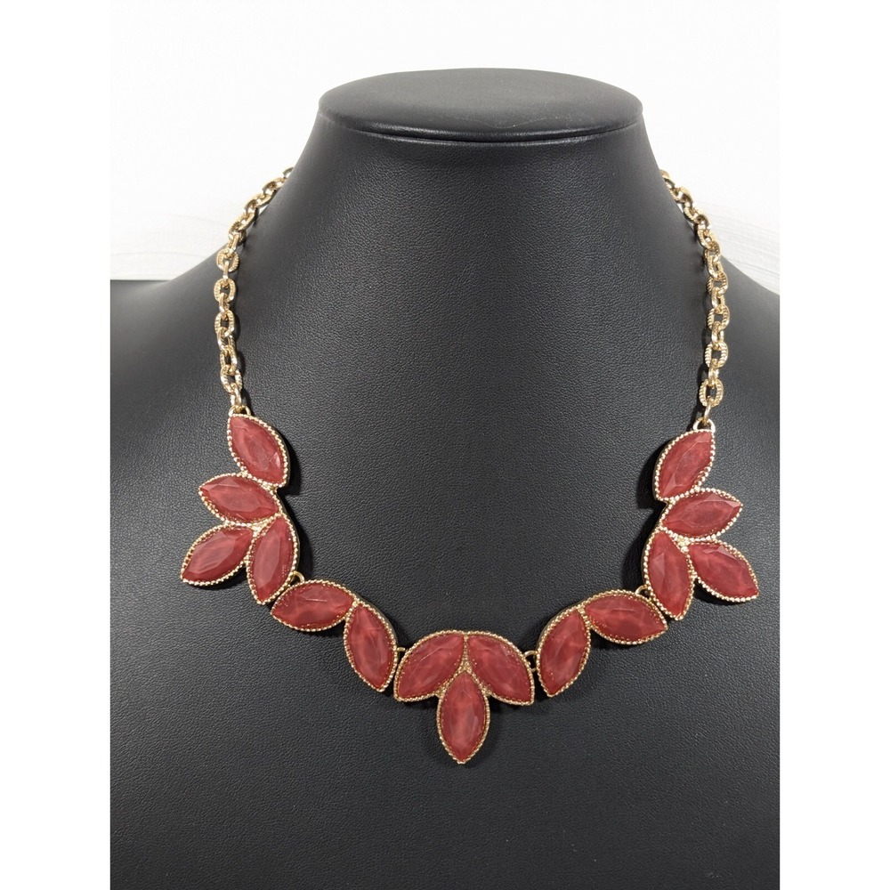 Boho Red Pink Faceted Cabochon Marquise Statement Necklace Gold Tone 20 in
